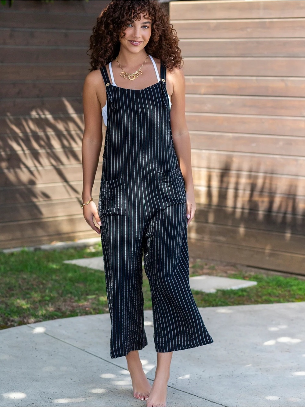 4our Dreamers Black Pinstripe Wide-Leg Overalls Jumpsuit